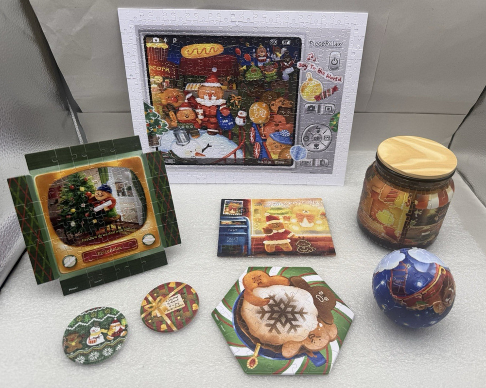 Christmas Puzzle Set: Jar, Coin ball, 2-pins, frame, postal card, etc. see photo
